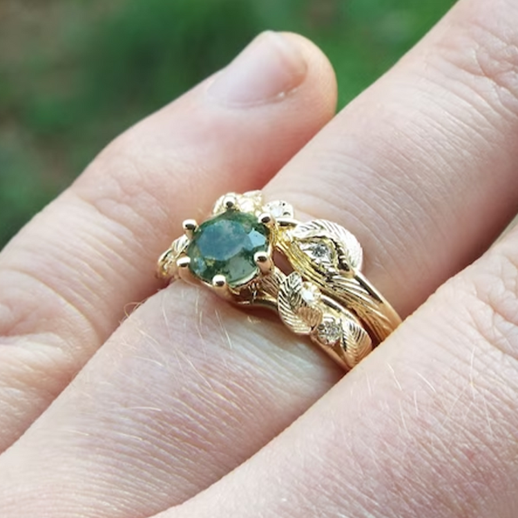 925 Sterling Silver Moss Agate Bridal Set Nature Inspired Ring Unique Elven Leaf Engagement Vine Rings Fantasy Forest Ring Nature Bridal Ring