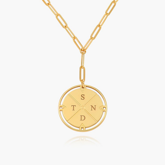 925 Sterling Silver Engraved Compass Necklace