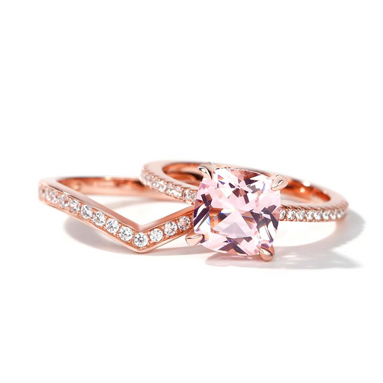 925 Sterling Silver Cushion Cut Synthetic Morganite Sterling Silver Ring Set