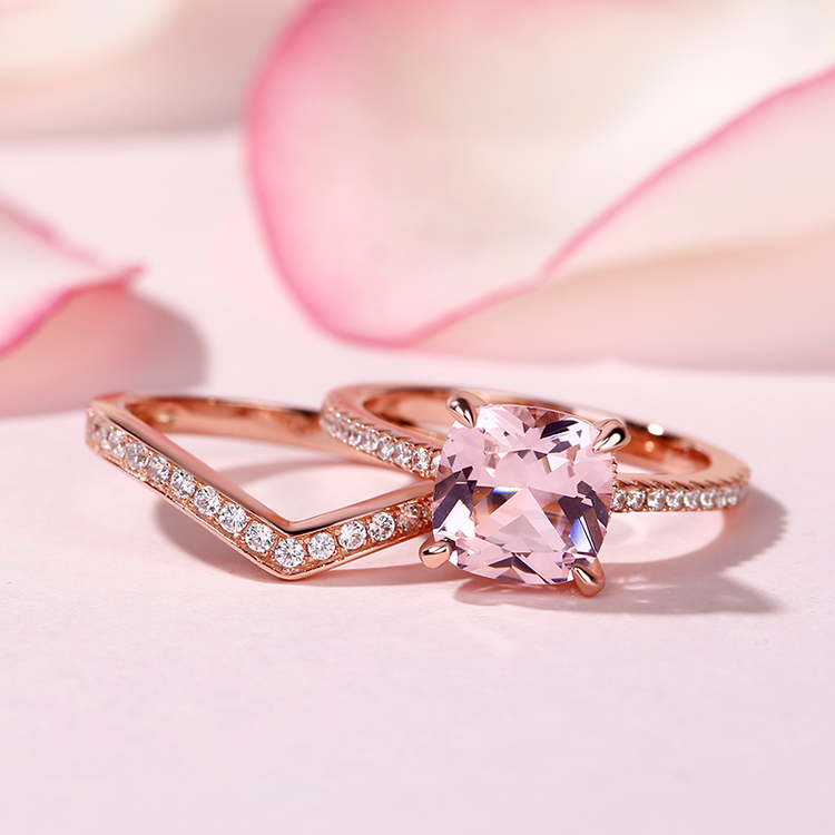 925 Sterling Silver Cushion Cut Synthetic Morganite Sterling Silver Ring Set