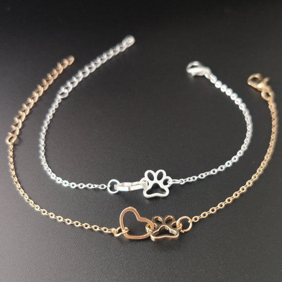 925 Sterling Silver Hollow Heart Puppy Pet Paw Print Anklet - onlyone
