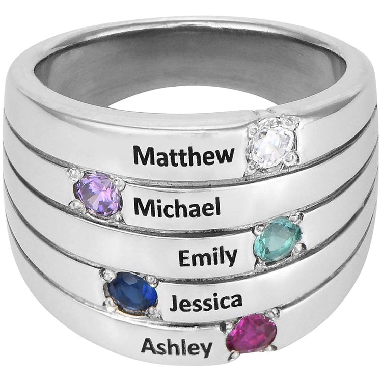 925 Sterling Silver Custom Engraved Name Mothers Ring with 5 Birthstones - onlyone