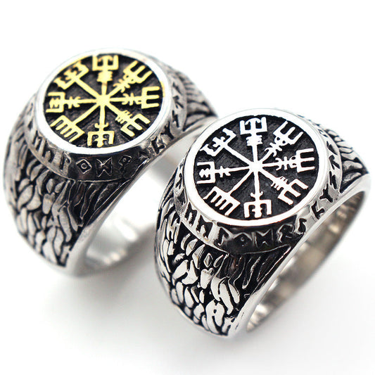Stainless Steel Vintage Compass Ring Viking Vegvísir Ring Men Pagan Jewelry - onlyone