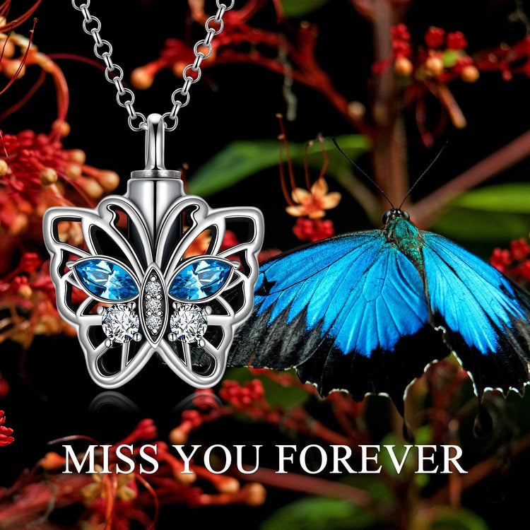 925 Sterling Silver Butterfly Urn Necklace for Ashes, Cremation Keepsake Necklace with Crystal - onlyone