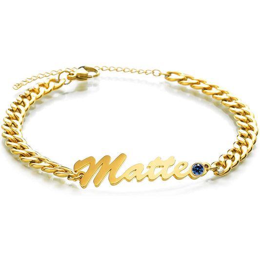 925 Sterling Silver Name Anklet Bracelet With Birthstone In Curb Chain
