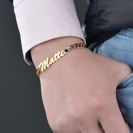 925 Sterling Silver Name Anklet Bracelet With Birthstone In Curb Chain