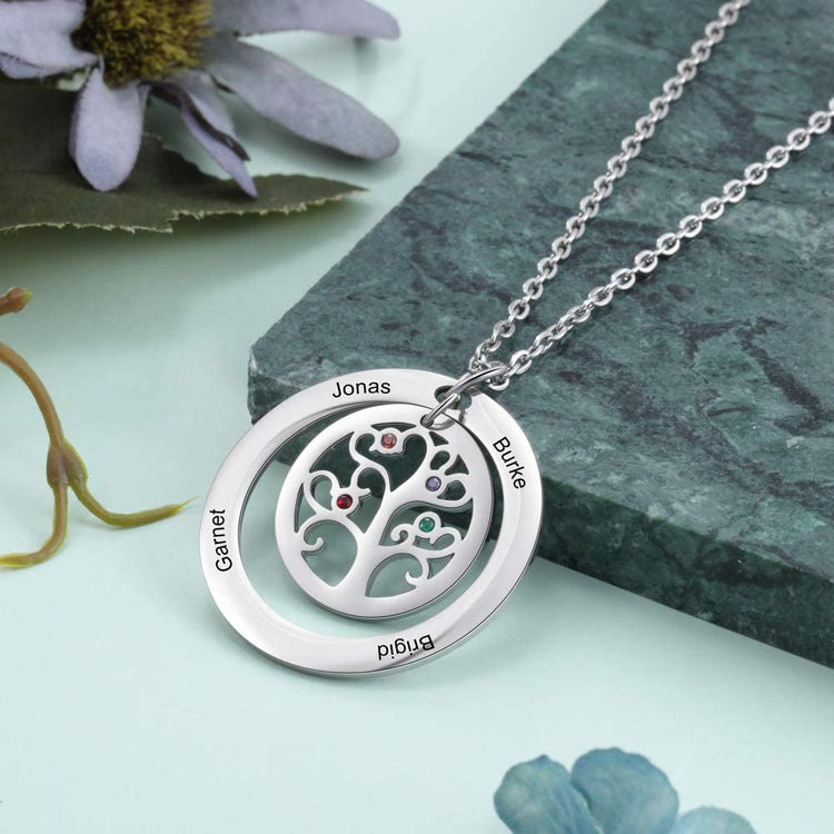 925 Sterling Silver Multi-Name Family Tree Necklace With Birthstone