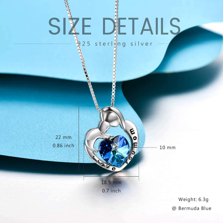 925 Sterling Silver I Love You Mom Mom And Child Heart Crystal Pendant Necklace