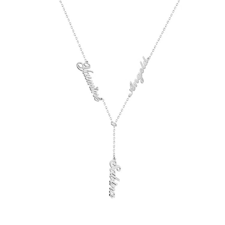 925 Sterling Silver Vertical Lariat Multi Names Y Style Nameplate Necklace