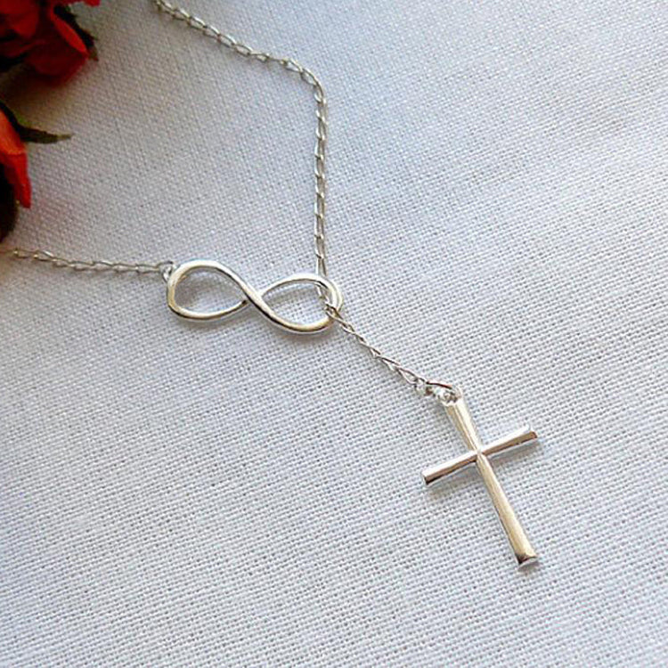 925 Sterling Silver Infinity Cross Vertical Lariat Necklace