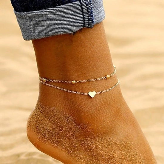 925 Sterling Silver  Double Layer Heart Anklet Set - onlyone