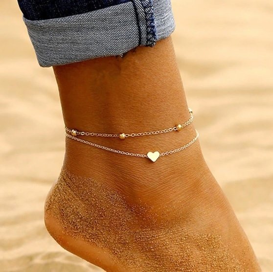 925 Sterling Silver  Double Layer Heart Anklet Set - onlyone