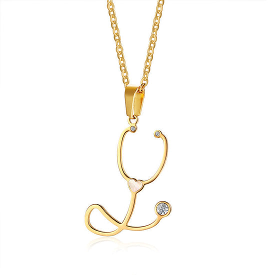 925 Sterling Silver White Angel Golden Stethoscope Necklace Pendant - onlyone
