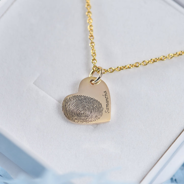 925 Sterling Silver Personalized Engraved Fingerprint Thumbprint Heart Name Necklace Nameplate Necklace, Gift For Her