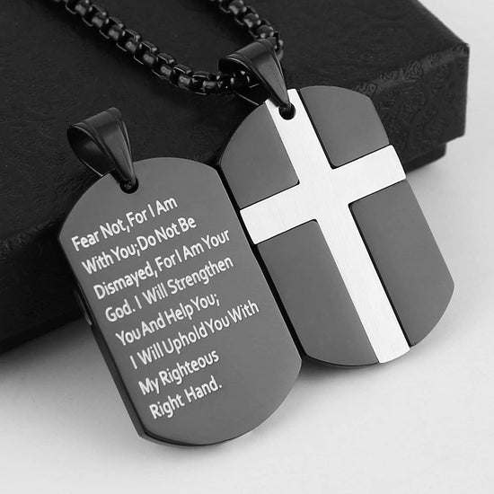 Stainless Steel Cross Dog Tag Pendant Necklace Strength Bible Verse, Father's Day Gift - onlyone