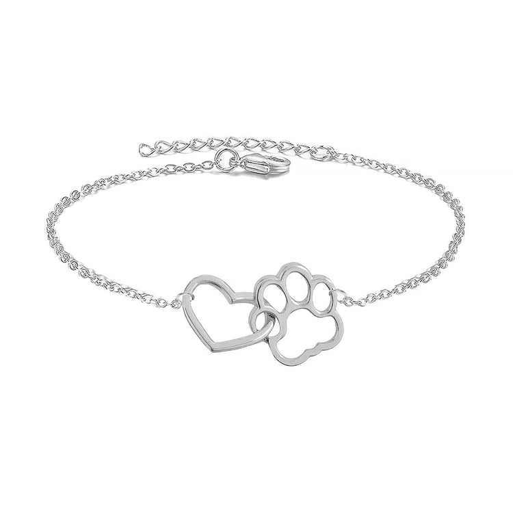 925 Sterling Silver Hollow Heart Puppy Pet Paw Print Anklet - onlyone