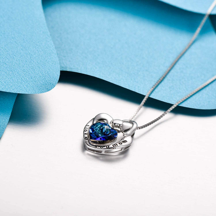 925 Sterling Silver I Love You Mom Mom And Child Heart Crystal Pendant Necklace