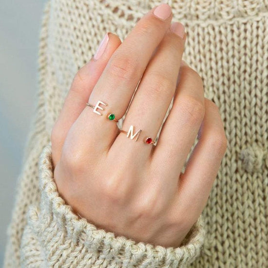 925 Sterling Silver Personalized Uppercase Letter Name Ring Nameplate Ring Birthstone Ring - onlyone