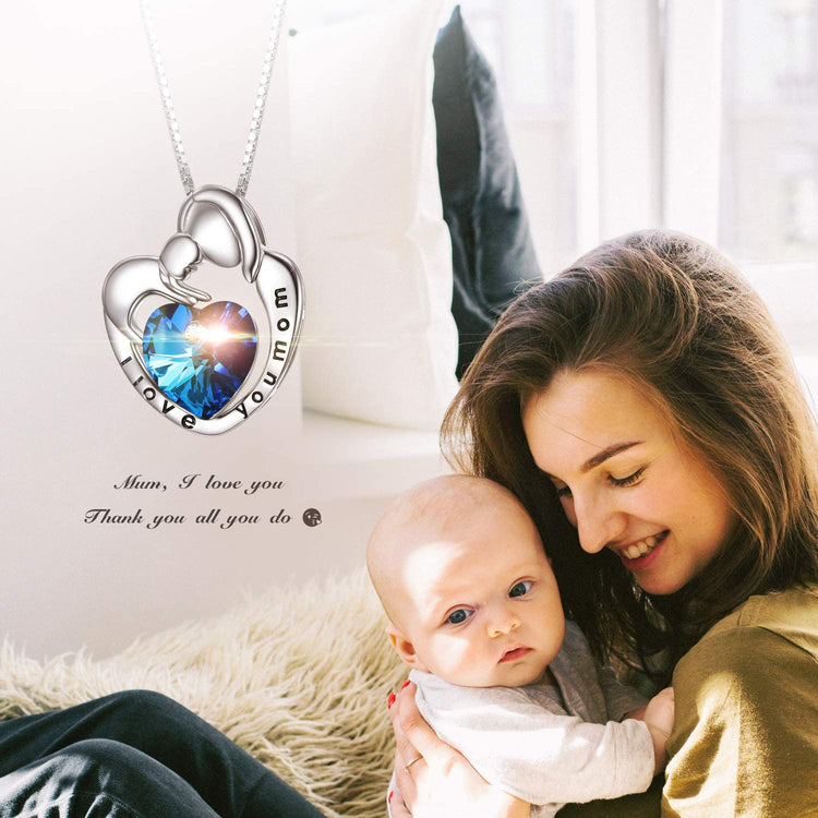 925 Sterling Silver I Love You Mom Mom And Child Heart Crystal Pendant Necklace