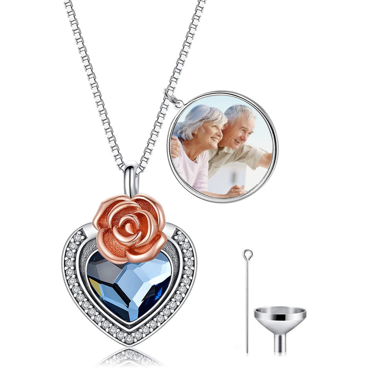 PRAYBIRDS 925 Sterling Silver Heart Flower Urn Necklace for Ashes, Cremation Keepsake Necklace with Crystal