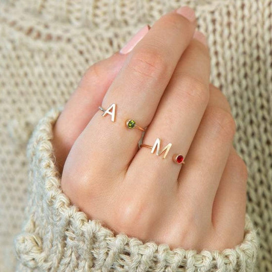 925 Sterling Silver Personalized Uppercase Letter Name Ring Nameplate Ring Birthstone Ring - onlyone