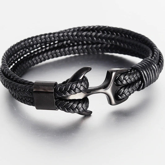 High Quality Men's Titanium Steel Bracelet Black Personality Leather Woven Anchor Leather Bracelet Rope Bracelet For Men Gift - onlyone