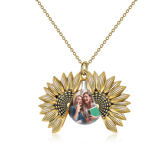 925 Sterling Silver Custom Photo Sunflower Locket Necklace - onlyone