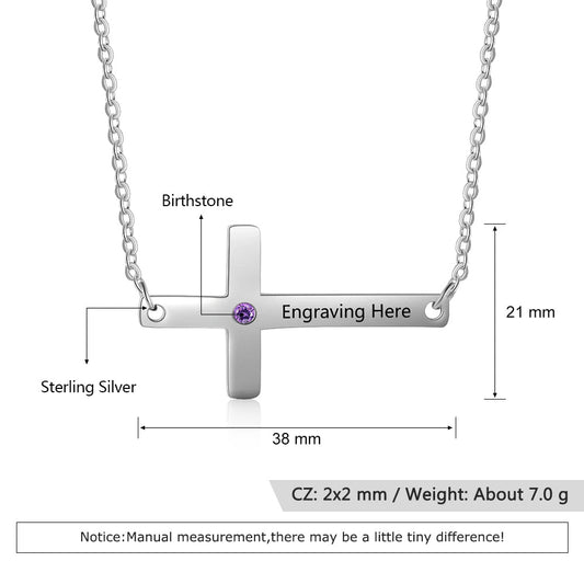 925 Sterling Silver Personalized Sideways Cross Necklace with Custom Name & Birthstone - onlyone