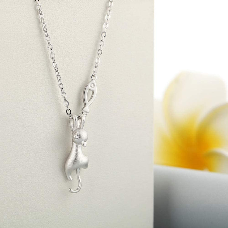 925 Sterling Silver Creative I Want Fish Cat Necklace Pendant Female Jewelry
