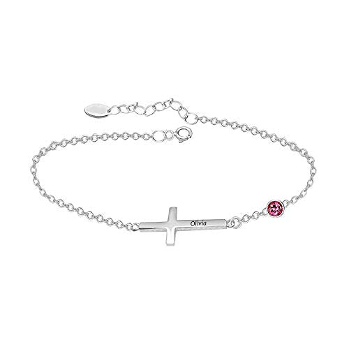 925 Sterling Silver Cross Personalized Custom Name Birthstone Bracelet - onlyone