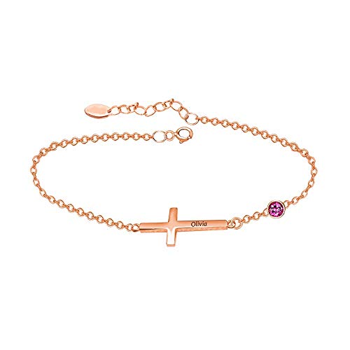 925 Sterling Silver Cross Personalized Custom Name Birthstone Bracelet - onlyone