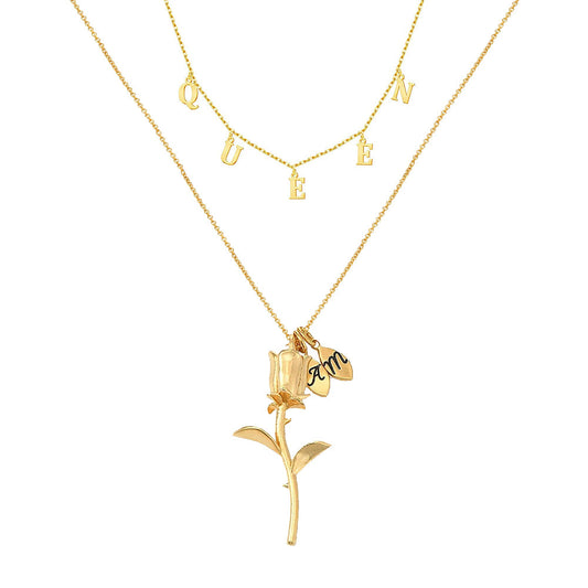 925 Sterling Silver Name Rose Flower Double Layers Necklace - onlyone