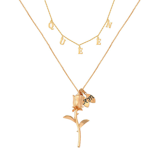 925 Sterling Silver Name Rose Flower Double Layers Necklace - onlyone