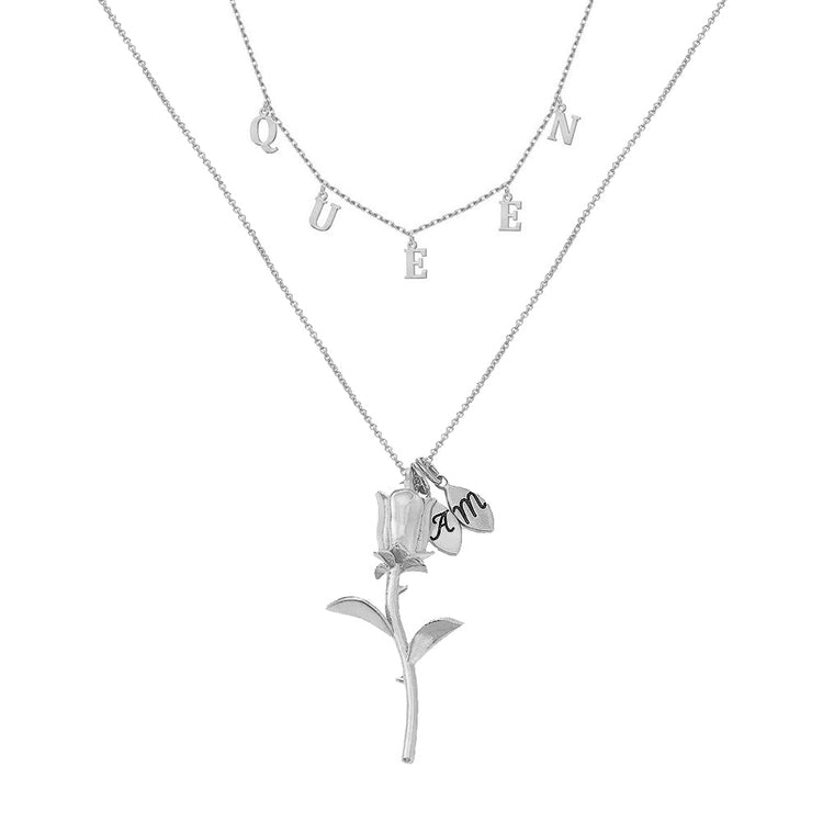 925 Sterling Silver Name Rose Flower Double Layers Necklace - onlyone