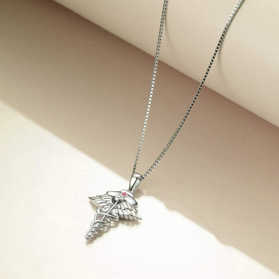 925 Sterling Silver Nurse Necklace Caduceus Angel Nursing Themed Pendant Necklace for Women Girls - onlyone