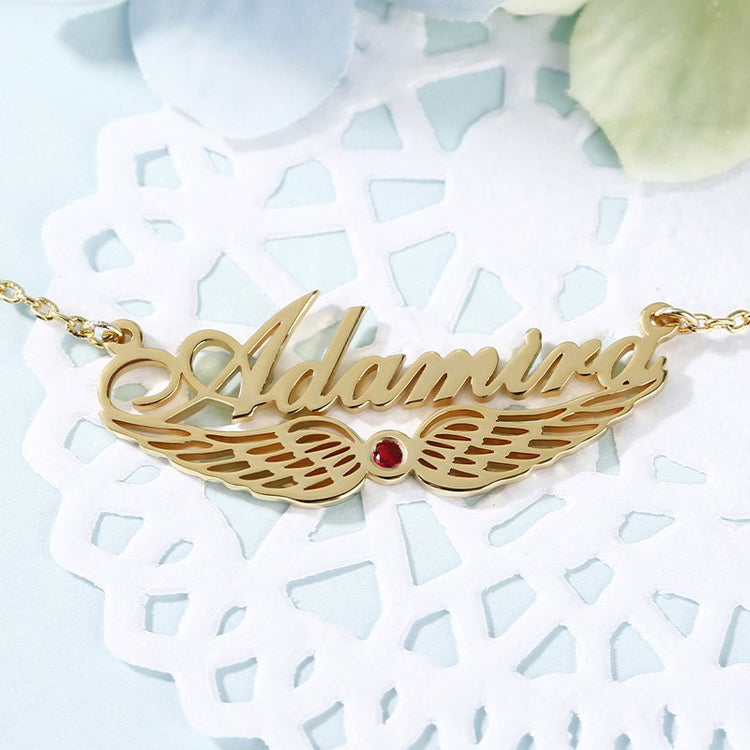 925 Sterling Silver Angel Wings Name Necklace Nameplate Necklace With Birthstone - onlyone