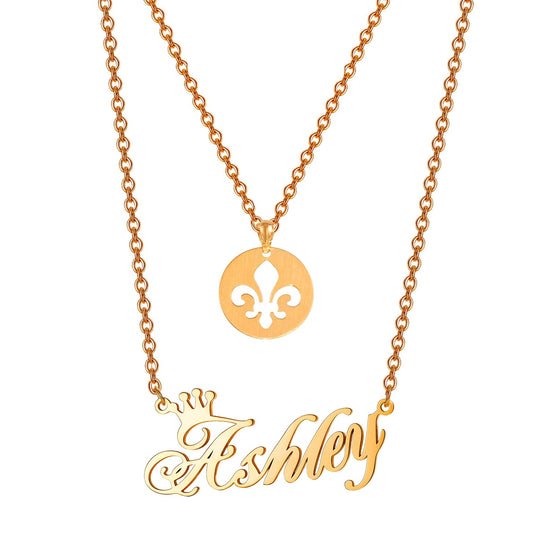 925 Sterling Silver Double Name Necklace Fleur De Lis Royal Lily Flower And Name Necklace - onlyone