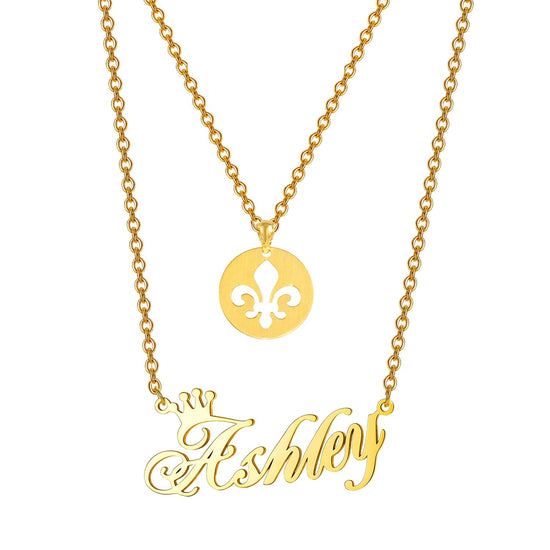 925 Sterling Silver Double Name Necklace Fleur De Lis Royal Lily Flower And Name Necklace - onlyone