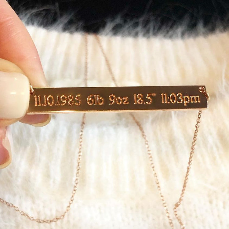 925 Sterling Silver Personalized Baby's Birth Information Bar Necklace