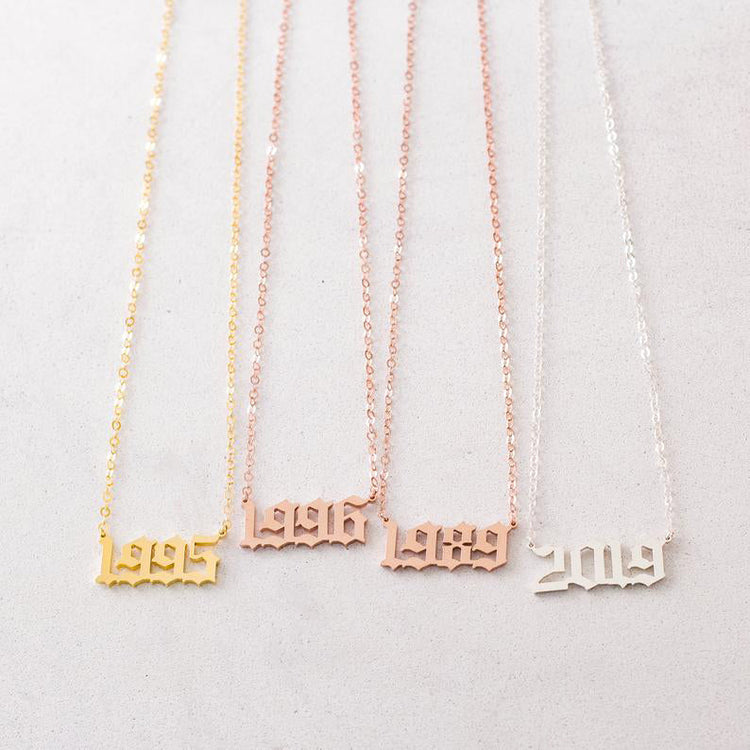 925 Sterling Silver Old English Font Number Necklace, Dainty Year Necklace - onlyone