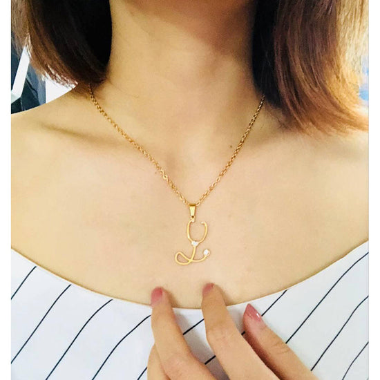 925 Sterling Silver White Angel Golden Stethoscope Necklace Pendant - onlyone