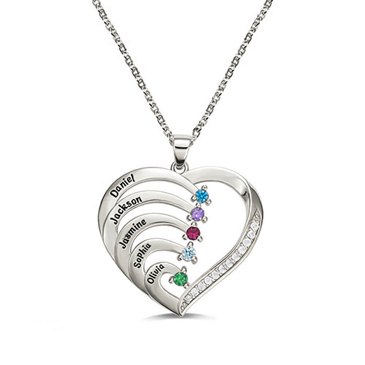 925 Sterling Silver Personalized Name and Birthstone Family Heart Necklace for Mom