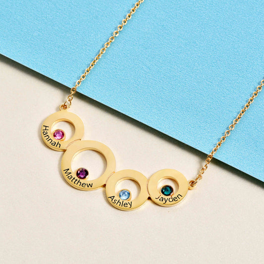925 Sterling Silver Custom Engraved Necklace 4 Circles with Birthstone Necklace For Women - onlyone