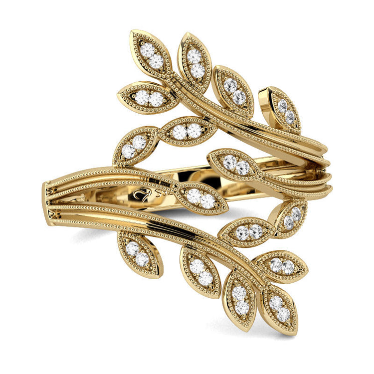 925 Sterling Silver Milgrain Leaf Design Round Cut Sterling Silver Ring