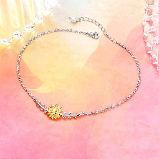 925 Sterling Silver Sunflower Anklet With Zirconia and Pearl - onlyone