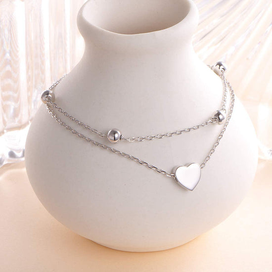 925 Sterling Silver Heart Double Layer Anklet Adjustable Anklet - onlyone
