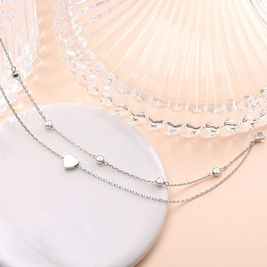 925 Sterling Silver Heart Double Layer Anklet Adjustable Anklet - onlyone