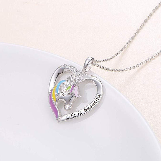 925 Sterling Silver Rainbow Unicorn Necklace 'Life is beautiful' Heart Pendant for Girls Mother Daughter - onlyone