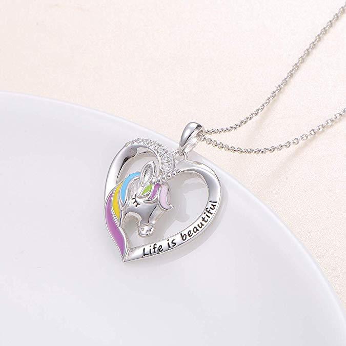 925 Sterling Silver Rainbow Unicorn Necklace 'Life is beautiful' Heart Pendant for Girls Mother Daughter - onlyone