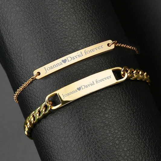 925 Sterling Silver Customized Engraving Nameplate Couple Bracelet Set - onlyone